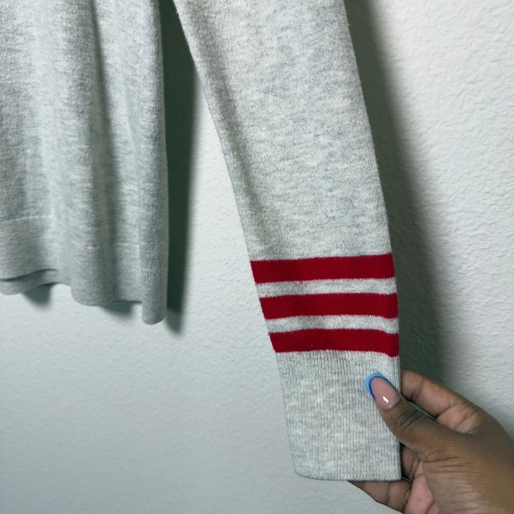 LOFT Women Love Sweater Small Gray Heart Embroidered Varsity Stripe Crewneck